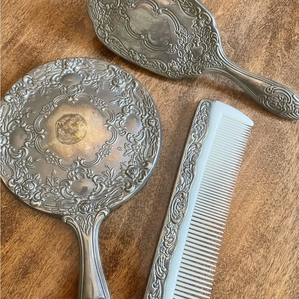 Vintage Art Deco Silver Plate Vanity Set w/Hand Mirror, Comb, and Handled Brush